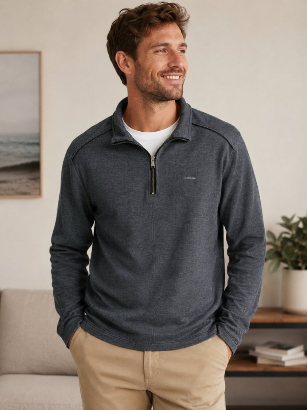 Calvin Klein Men’s XL Gray Black 1/4 Zip Pullover Sweater Cotton Blend Designer
